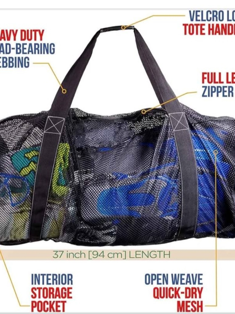 Black Mesh Tote Duffel Bag - Heavy Duty Quick-Dry Carry Bag